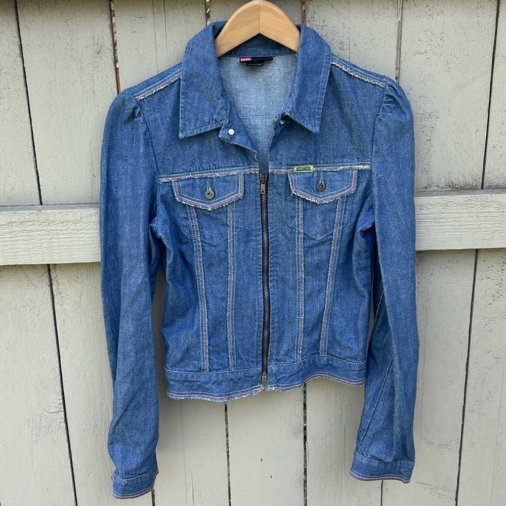 Diesel Denim Jacket With Multicolor Stitching Boho Trucker Festival Sz S